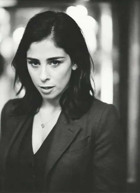 candid RAW close up portrait photo of sks woman in a (purple colored suit:1.0) on a dark street with shopping windows (at night:1.2), bokeh, Ilford Delta 3200 film, dof, high definition, detailed, intricate, flashlight, <lora:locon_antjetraue_v1_from_v1_64_32:1.25>
