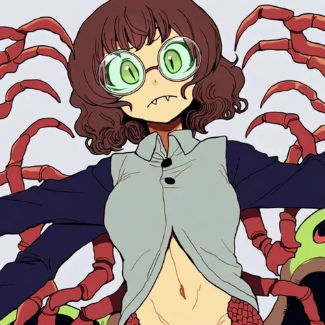 Anime girl
solo focus
centipede lamia
six arms
Green eyes
round glasses
brown hair
short hair
wavy hair
Hetza style
mandibles
compound eyes