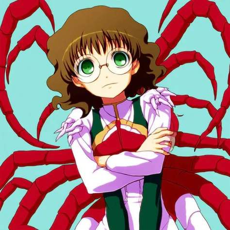 Anime girl
solo focus
centipede
six arms
Green eyes
round glasses
brown hair
short hair
wavy hair
Hetza style
mandibles
compound eyes