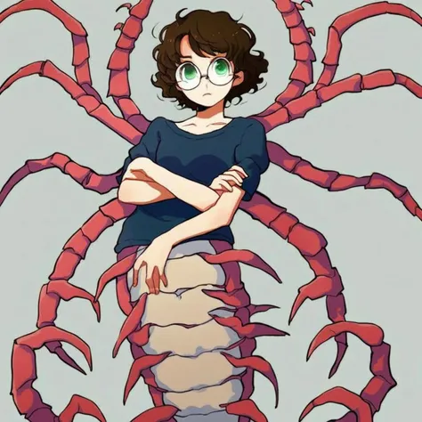 Anime girl
solo focus
centipede
six arms
Green eyes
round glasses
brown hair
short hair
wavy hair
Hetza style
mandibles
compound eyes