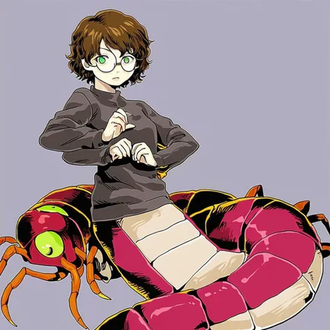 Anime girl
solo focus
centipede lamia
six arms
Green eyes
round glasses
brown hair
short hair
wavy hair
Hetza style
mandibles
compound eyes