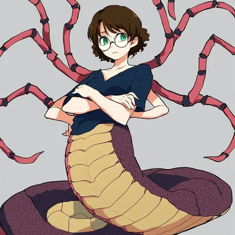 Anime girl
solo focus
lamia
centipede
six arms
Green eyes
round glasses
brown hair
short hair
wavy hair
Hetza style
mandibles
compound eyes