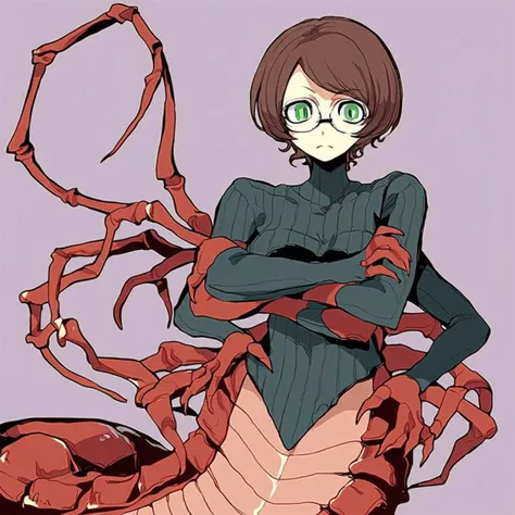 Anime girl
solo focus
lamia
centipede
six arms
Green eyes
round glasses
brown hair
short hair
wavy hair
Hetza style
mandibles
compound eyes