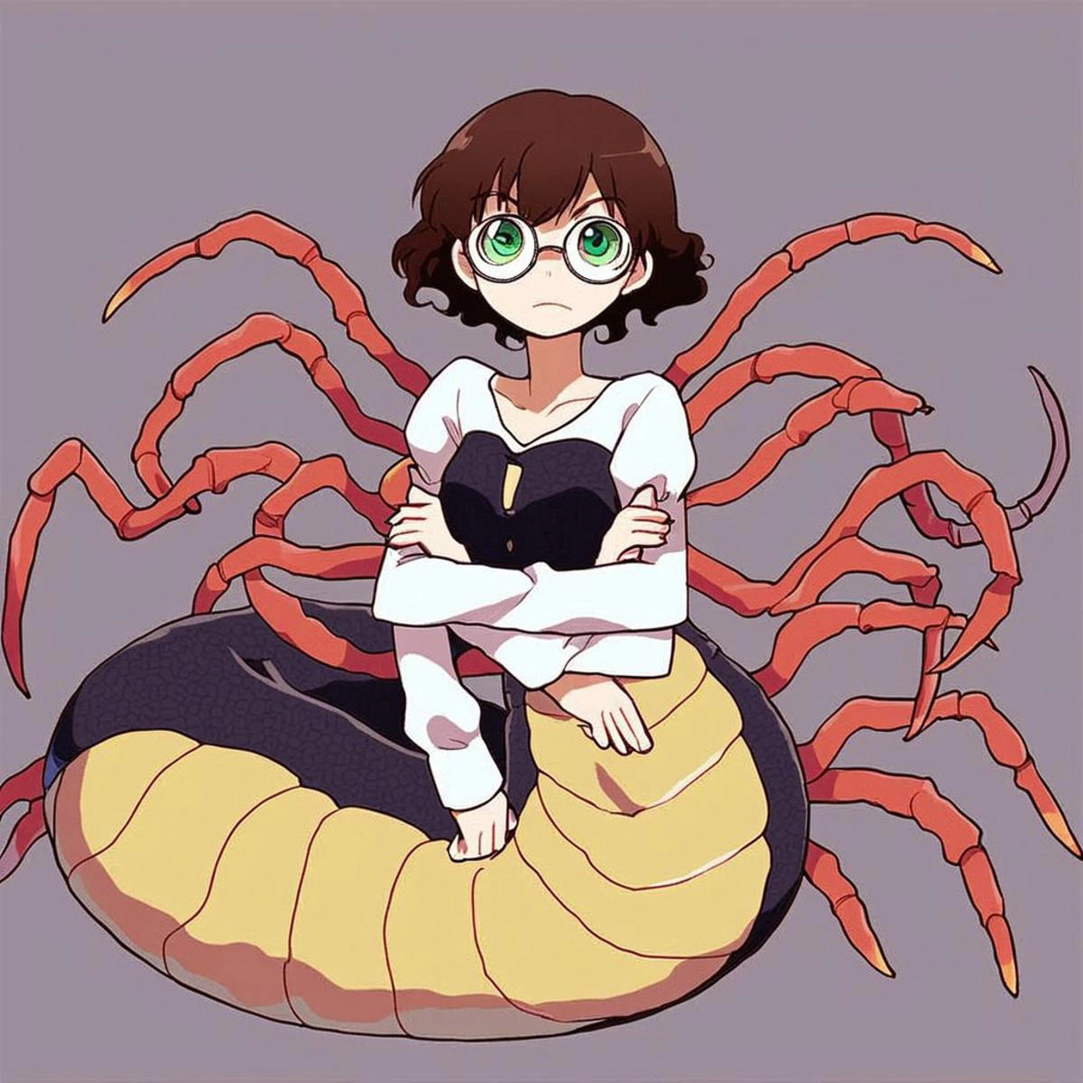 Anime girl
solo focus
centipede lamia
six arms
Green eyes
round glasses
brown hair
short hair
wavy hair
Hetza style
mandibles
compound eyes