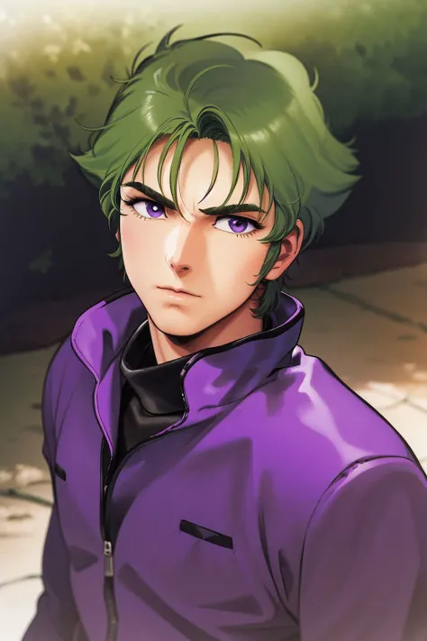 21thkitazume, solo, 1boy, male focus, looking at viewer, dark green hair, purple clothes, detailed face, outdoors <lora:Kitazume_Hiroyuki_style_v01.08:1>