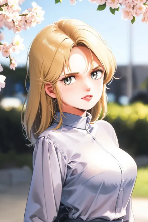 20thkitazumesolo, 1girl, looking at viewer, medium breasts, beige hair, light grey clothes, beautiful detailed face, outdoors <lora:Kitazume_Hiroyuki_style_v01.08:1>