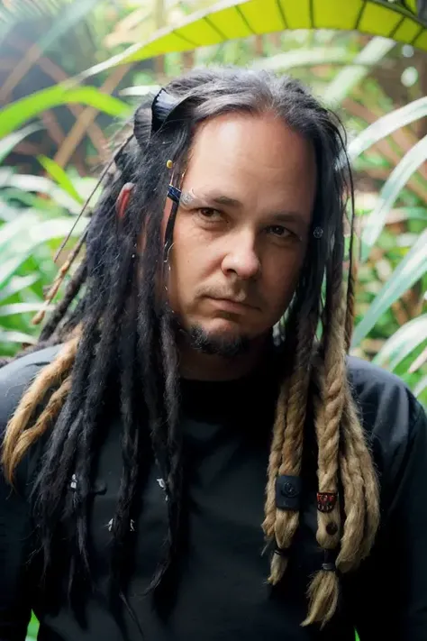 a man, upper body, dreadlocks, wearing a kilt, black shirt, in a jungle paradise, [smiling], (close up) head shot, candid, amateur, raw, 8k, uhd, fujifulm xt3, masterpiece <lora:jonathanDavis:1>