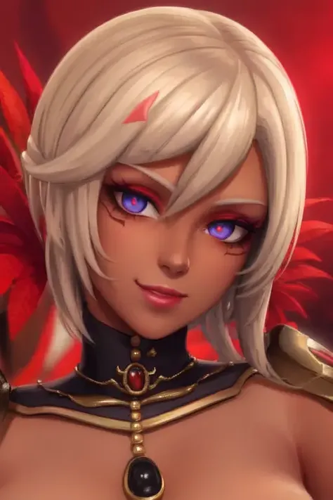 <lora:Cia-HyruleWarriors-v1.0:0.7>Cia, dark-skinned_female, close up, portrait, looking at viewer, smile, red background, blurry background