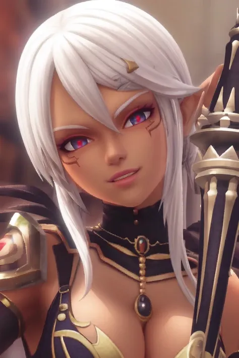 <lora:Cia-v1.02-000004:0.7>cia, dark-skinned_female,3D model, looking at viewer, smug, portrait, head tilt, holding sceptre, blurry background