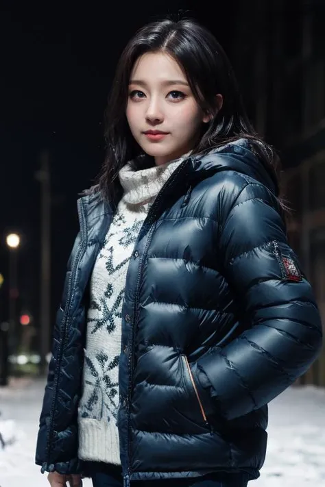 masterpiece, best quality, ultra-detailed, ultra high res, (photorealistic:1.4), raw photo, (realistic:0.2), CG, {4k|8k} HDR, perfect lighting, 1girl, solo, looking at viewer, (winter clothes, padded jacket), outdoor, (snow, snowflakes), night, aurora sky, upper body, lower body, asymmetrical wavy long hair, (detailed oily skin, medium breasts:0.8), (detailed face), (detailed background :1.1), hands in pocket,