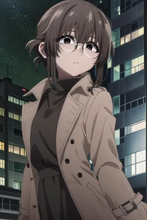 ankouguisu, <lora:anko uguisu s1-lora-nochekaiser:1>,
anko uguisu, short hair, brown hair, glasses, (black eyes:1.5),
BREAK dress, black dress, coat, turtleneck,
BREAK outdoors, city, ht sky, nig moon, star \(sky\),
BREAK looking at viewer,
BREAK <lyco:GoodHands-beta2:1>, (masterpiece:1.2), best quality, high resolution, unity 8k wallpaper, (illustration:0.8), (beautiful detailed eyes:1.6), extremely detailed face, perfect lighting, extremely detailed CG, (perfect hands, perfect anatomy),