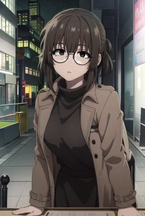 ankouguisu, <lora:anko uguisu s1-lora-nochekaiser:1>,
anko uguisu, short hair, brown hair, glasses, (black eyes:1.5),
BREAK dress, black dress, coat, turtleneck,
BREAK outdoors, city, ht sky, nig moon, star \(sky\),
BREAK looking at viewer,
BREAK <lyco:GoodHands-beta2:1>, (masterpiece:1.2), best quality, high resolution, unity 8k wallpaper, (illustration:0.8), (beautiful detailed eyes:1.6), extremely detailed face, perfect lighting, extremely detailed CG, (perfect hands, perfect anatomy),