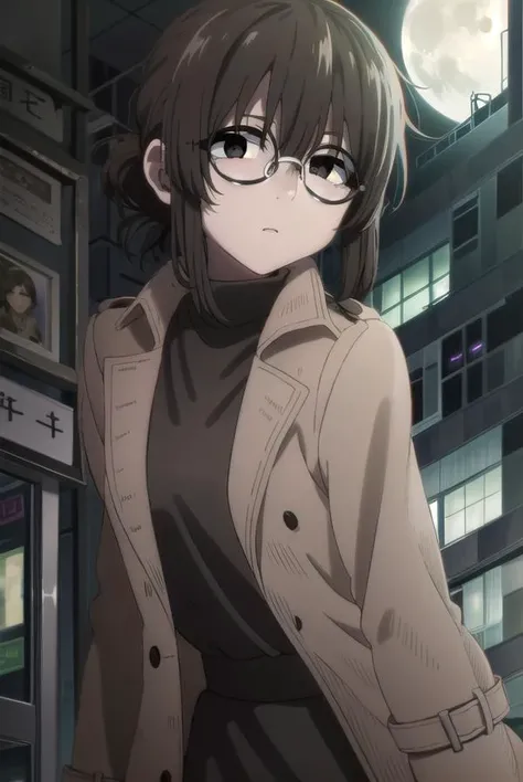 ankouguisu, <lora:anko uguisu s1-lora-nochekaiser:1>,
anko uguisu, short hair, brown hair, glasses, (black eyes:1.5),
BREAK dress, black dress, coat, turtleneck,
BREAK outdoors, city, ht sky, nig moon, star \(sky\),
BREAK looking at viewer,
BREAK <lyco:GoodHands-beta2:1>, (masterpiece:1.2), best quality, high resolution, unity 8k wallpaper, (illustration:0.8), (beautiful detailed eyes:1.6), extremely detailed face, perfect lighting, extremely detailed CG, (perfect hands, perfect anatomy),