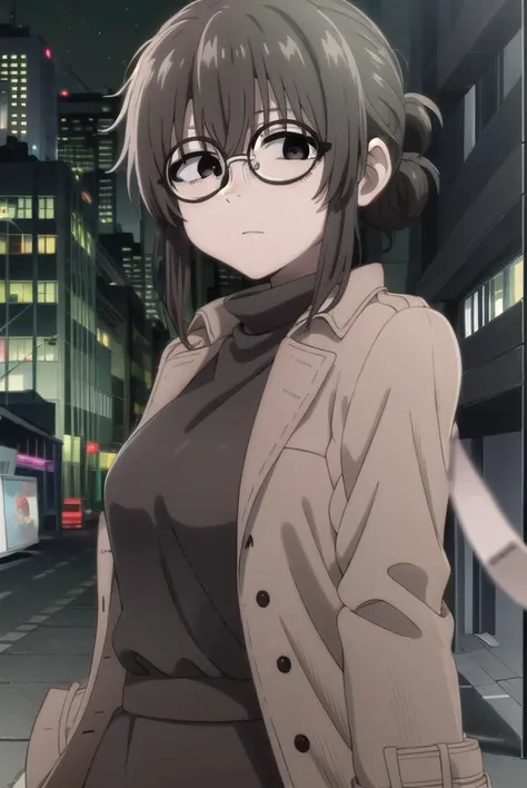 ankouguisu, <lora:anko uguisu s1-lora-nochekaiser:1>,
anko uguisu, short hair, brown hair, glasses, (black eyes:1.5),
BREAK dress, black dress, coat, turtleneck,
BREAK outdoors, city, ht sky, nig moon, star \(sky\),
BREAK looking at viewer,
BREAK <lyco:GoodHands-beta2:1>, (masterpiece:1.2), best quality, high resolution, unity 8k wallpaper, (illustration:0.8), (beautiful detailed eyes:1.6), extremely detailed face, perfect lighting, extremely detailed CG, (perfect hands, perfect anatomy),