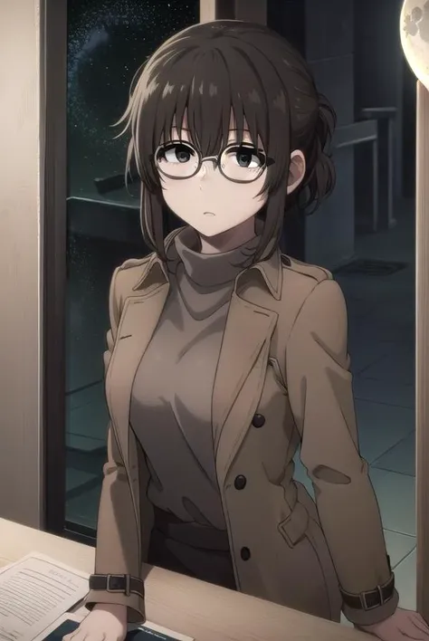 ankouguisu, <lora:anko uguisu s1-lora-nochekaiser:1>,
anko uguisu, short hair, brown hair, glasses, (black eyes:1.5),
BREAK dress, black dress, coat, turtleneck,
BREAK outdoors, city, ht sky, nig moon, star \(sky\),
BREAK looking at viewer,
BREAK <lyco:GoodHands-beta2:1>, (masterpiece:1.2), best quality, high resolution, unity 8k wallpaper, (illustration:0.8), (beautiful detailed eyes:1.6), extremely detailed face, perfect lighting, extremely detailed CG, (perfect hands, perfect anatomy),