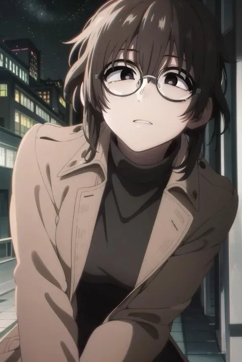 ankouguisu, <lora:anko uguisu s1-lora-nochekaiser:1>,
anko uguisu, short hair, brown hair, glasses, (black eyes:1.5),
BREAK dress, black dress, coat, turtleneck,
BREAK outdoors, city, ht sky, nig moon, star \(sky\),
BREAK looking at viewer,
BREAK <lyco:GoodHands-beta2:1>, (masterpiece:1.2), best quality, high resolution, unity 8k wallpaper, (illustration:0.8), (beautiful detailed eyes:1.6), extremely detailed face, perfect lighting, extremely detailed CG, (perfect hands, perfect anatomy),