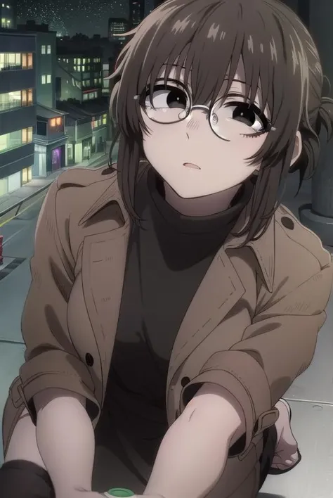 ankouguisu, <lora:anko uguisu s1-lora-nochekaiser:1>,
anko uguisu, short hair, brown hair, glasses, (black eyes:1.5),
BREAK dress, black dress, coat, turtleneck,
BREAK outdoors, city, ht sky, nig moon, star \(sky\),
BREAK looking at viewer,
BREAK <lyco:GoodHands-beta2:1>, (masterpiece:1.2), best quality, high resolution, unity 8k wallpaper, (illustration:0.8), (beautiful detailed eyes:1.6), extremely detailed face, perfect lighting, extremely detailed CG, (perfect hands, perfect anatomy),