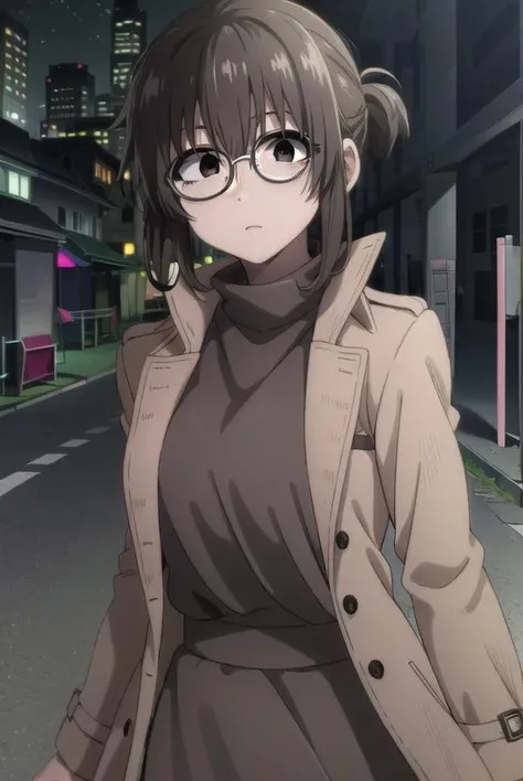 ankouguisu, <lora:anko uguisu s1-lora-nochekaiser:1>,
anko uguisu, short hair, brown hair, glasses, (black eyes:1.5),
BREAK dress, black dress, coat, turtleneck,
BREAK outdoors, city, ht sky, nig moon, star \(sky\),
BREAK looking at viewer,
BREAK <lyco:GoodHands-beta2:1>, (masterpiece:1.2), best quality, high resolution, unity 8k wallpaper, (illustration:0.8), (beautiful detailed eyes:1.6), extremely detailed face, perfect lighting, extremely detailed CG, (perfect hands, perfect anatomy),