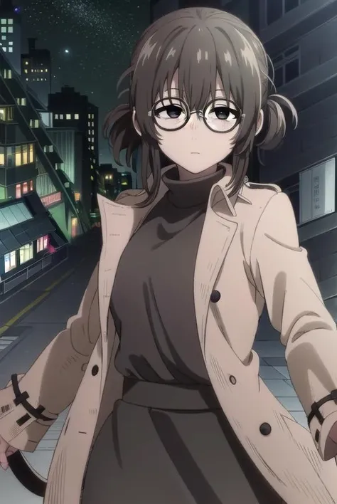 ankouguisu, <lora:anko uguisu s1-lora-nochekaiser:1>,
anko uguisu, short hair, brown hair, glasses, (black eyes:1.5),
BREAK dress, black dress, coat, turtleneck,
BREAK outdoors, city, ht sky, nig moon, star \(sky\),
BREAK looking at viewer,
BREAK <lyco:GoodHands-beta2:1>, (masterpiece:1.2), best quality, high resolution, unity 8k wallpaper, (illustration:0.8), (beautiful detailed eyes:1.6), extremely detailed face, perfect lighting, extremely detailed CG, (perfect hands, perfect anatomy),