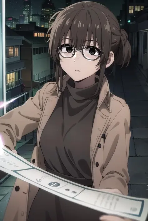 ankouguisu, <lora:anko uguisu s1-lora-nochekaiser:1>,
anko uguisu, short hair, brown hair, glasses, (black eyes:1.5),
BREAK dress, black dress, coat, turtleneck,
BREAK outdoors, city, ht sky, nig moon, star \(sky\),
BREAK looking at viewer,
BREAK <lyco:GoodHands-beta2:1>, (masterpiece:1.2), best quality, high resolution, unity 8k wallpaper, (illustration:0.8), (beautiful detailed eyes:1.6), extremely detailed face, perfect lighting, extremely detailed CG, (perfect hands, perfect anatomy),