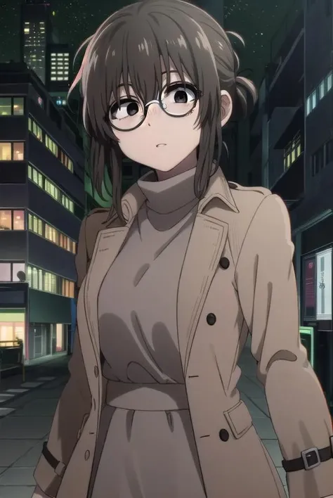 ankouguisu, <lora:anko uguisu s1-lora-nochekaiser:1>,
anko uguisu, short hair, brown hair, glasses, (black eyes:1.5),
BREAK dress, black dress, coat, turtleneck,
BREAK outdoors, city, ht sky, nig moon, star \(sky\),
BREAK looking at viewer,
BREAK <lyco:GoodHands-beta2:1>, (masterpiece:1.2), best quality, high resolution, unity 8k wallpaper, (illustration:0.8), (beautiful detailed eyes:1.6), extremely detailed face, perfect lighting, extremely detailed CG, (perfect hands, perfect anatomy),