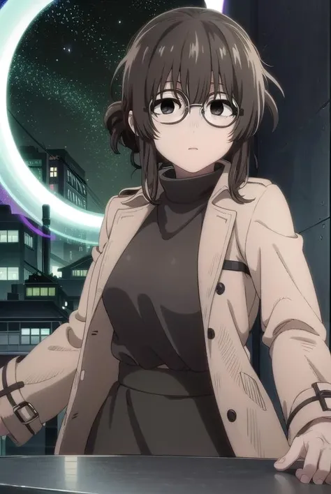 ankouguisu, <lora:anko uguisu s1-lora-nochekaiser:1>,
anko uguisu, short hair, brown hair, glasses, (black eyes:1.5),
BREAK dress, black dress, coat, turtleneck,
BREAK outdoors, city, ht sky, nig moon, star \(sky\),
BREAK looking at viewer,
BREAK <lyco:GoodHands-beta2:1>, (masterpiece:1.2), best quality, high resolution, unity 8k wallpaper, (illustration:0.8), (beautiful detailed eyes:1.6), extremely detailed face, perfect lighting, extremely detailed CG, (perfect hands, perfect anatomy),