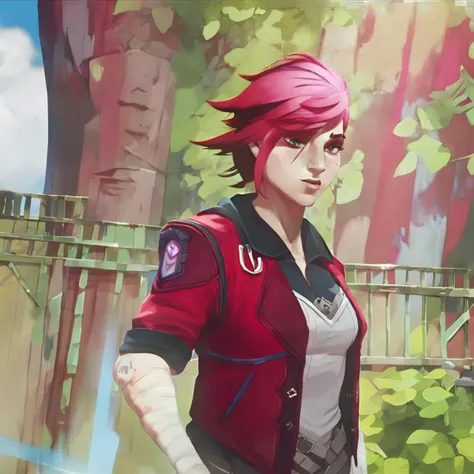 arcane, vi, red hair, light blue eyes, freckles, red jacket, nose piercing, face tattoo, upper body, vi (league of legends), eyebrow scar, sunny, lip cut, ear piercing, bandaged arms  <lora:vi:1>