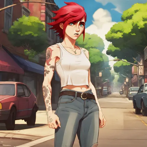 arcane, vi, red hair, light blue eyes, arm tattoo, lip scar, eyebrow scar, freckles, anime, white tshirt, crop top, skinny jeans, city street, cars, shops, trees, studio ghibli <lora:vi-offset:0.70>