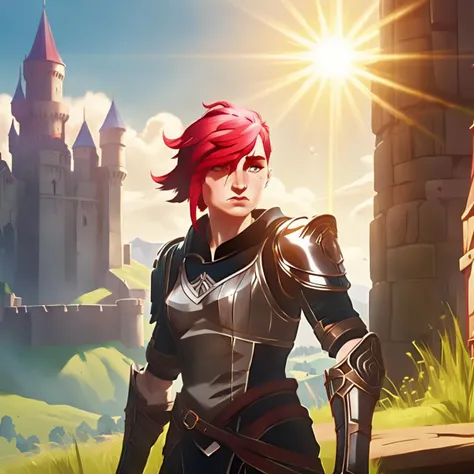 arcane, vi, red hair, light blue eyes, upper body, arm tattoo, lip scar, eyebrow scar, nose piercing, ear piercing, freckles, medieval armor, shining armor, sun, lens flare, castle, valley in background, smirking, joan of arc  <lora:vi-offset:0.8>
