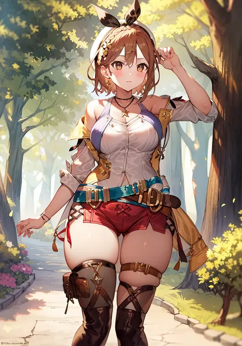 masterpiece, best quality, high resolution,
1stDefault, First Clothing, bare thighs, 1girl, belt, flask, breasts, solo, forest, flowers, 
 <lora:ReisalinStoutALL:0.9>