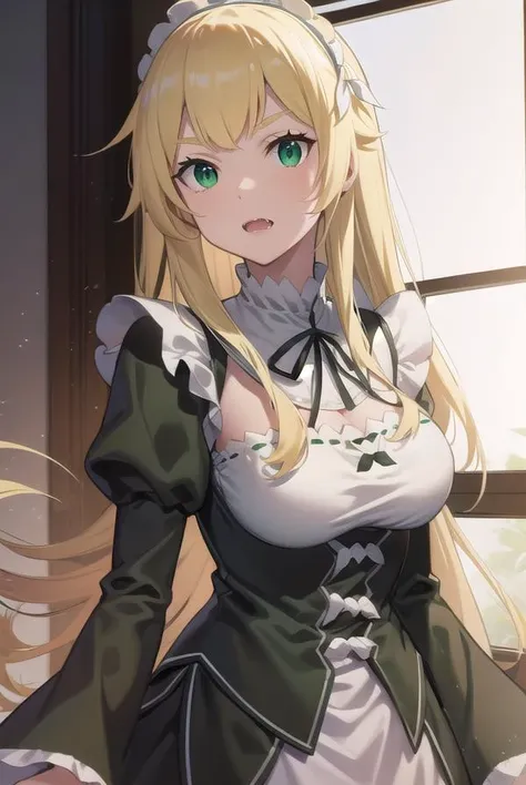 fredericabaumann, <lyco:fredericabaumann-lyco-nochekaiser:1>,
frederica baumann, long hair, bangs, hair between eyes, (green eyes:1.5), yellow hair, fangs,
BREAK long sleeves, dress, ribbon, frills, puffy sleeves, apron, black dress, maid, maid headdress, black ribbon, neck ribbon, waist apron, white apron, roswaal mansion maid uniform,
BREAK looking at viewer, full body,
BREAK indoors,
BREAK <lyco:GoodHands-beta2:1>, (masterpiece:1.2), best quality, high resolution, unity 8k wallpaper, (illustration:0.8), (beautiful detailed eyes:1.6), extremely detailed face, perfect lighting, extremely detailed CG, (perfect hands, perfect anatomy),