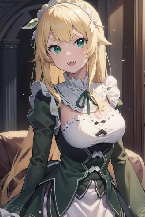 fredericabaumann, <lyco:fredericabaumann-lyco-nochekaiser:1>,
frederica baumann, long hair, bangs, hair between eyes, (green eyes:1.5), yellow hair, fangs,
BREAK long sleeves, dress, ribbon, frills, puffy sleeves, apron, black dress, maid, maid headdress, black ribbon, neck ribbon, waist apron, white apron, roswaal mansion maid uniform,
BREAK looking at viewer, full body,
BREAK indoors,
BREAK <lyco:GoodHands-beta2:1>, (masterpiece:1.2), best quality, high resolution, unity 8k wallpaper, (illustration:0.8), (beautiful detailed eyes:1.6), extremely detailed face, perfect lighting, extremely detailed CG, (perfect hands, perfect anatomy),