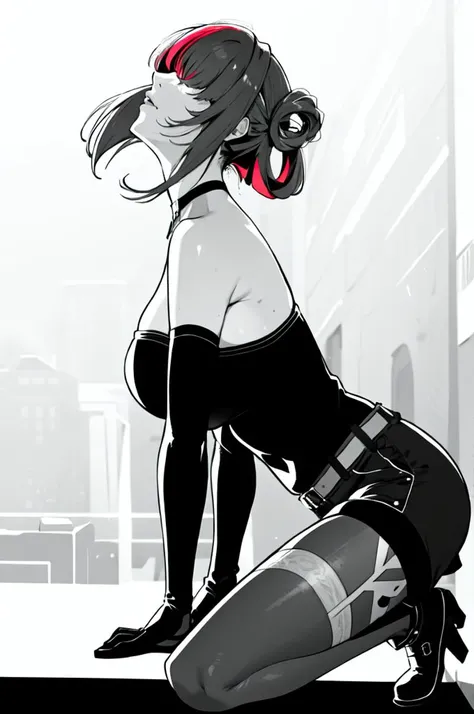 <lora:KanekiMeme:1> KanekiMeme, monochrome, looking up, hair over eyes,, absurdres, ultra detailed, masterpiece, best quality, aesthetic, detailed,, solo,
1girl, red hair, blunt bangs, large breasts, <lora:hair_rings:1> low hair rings, <lora:EllaNyan:1>,, taut clothes, choker, bandeau, elbow gloves, taut shorts, lowleg shorts, navel, groin tendon, belt, patterned legwear, pantyhose, (pantyhose under shorts:1.2), high heel boots,