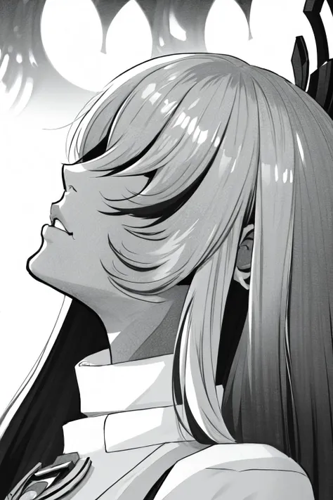 Highly detailed, High Quality, Masterpiece, beautiful, KanekiMeme, <lora:KanekiMeme:1>, solo, monochrome, looking up, hair over eyes, yae miko, <lora:Char_GenshinImpact_YaeMiko:1>