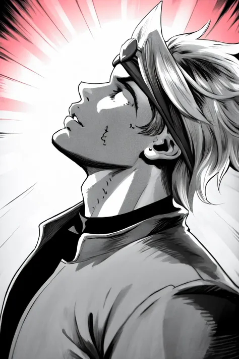 Highly detailed, High Quality, Masterpiece, beautiful, KanekiMeme, <lora:KanekiMeme:1>, solo, monochrome, looking up, hair over eyes, 1boy, dio, jacket, headband, <lora:Char_Sigmas_Dio:0.9>