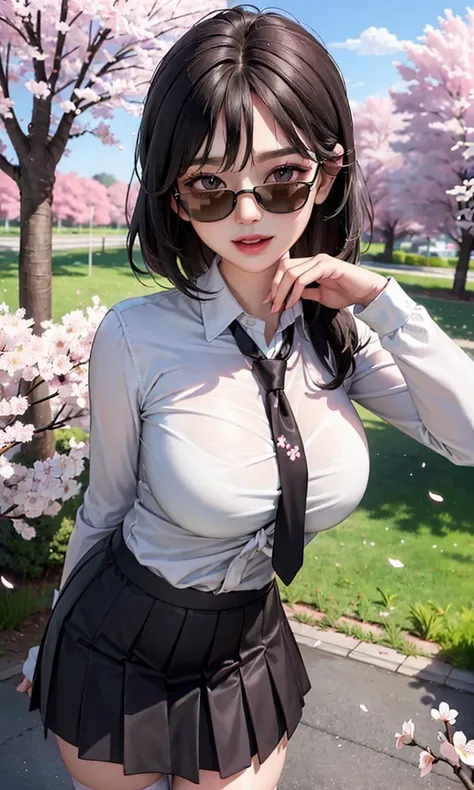 (realistic:1.5), photorealistic, octane render, (4k, 8k), (hyperrealistic:1.2), (photorealistic face:1.2), (Best Quality), extremely detailed, intricate, hyper detailed, (eyes detailed, finger detailed:1.2), looking at viewer, (short hair, curly hair, dense bangs, black hair), (outdoors, cherry blossom trees, korean school uniform, sunglasses:1.3), (1girl, solo, alone, large breasts, large thighs, 2legs, walking, tie up hair:1.4), (brown eyes:1.2), smile, full bodyshot