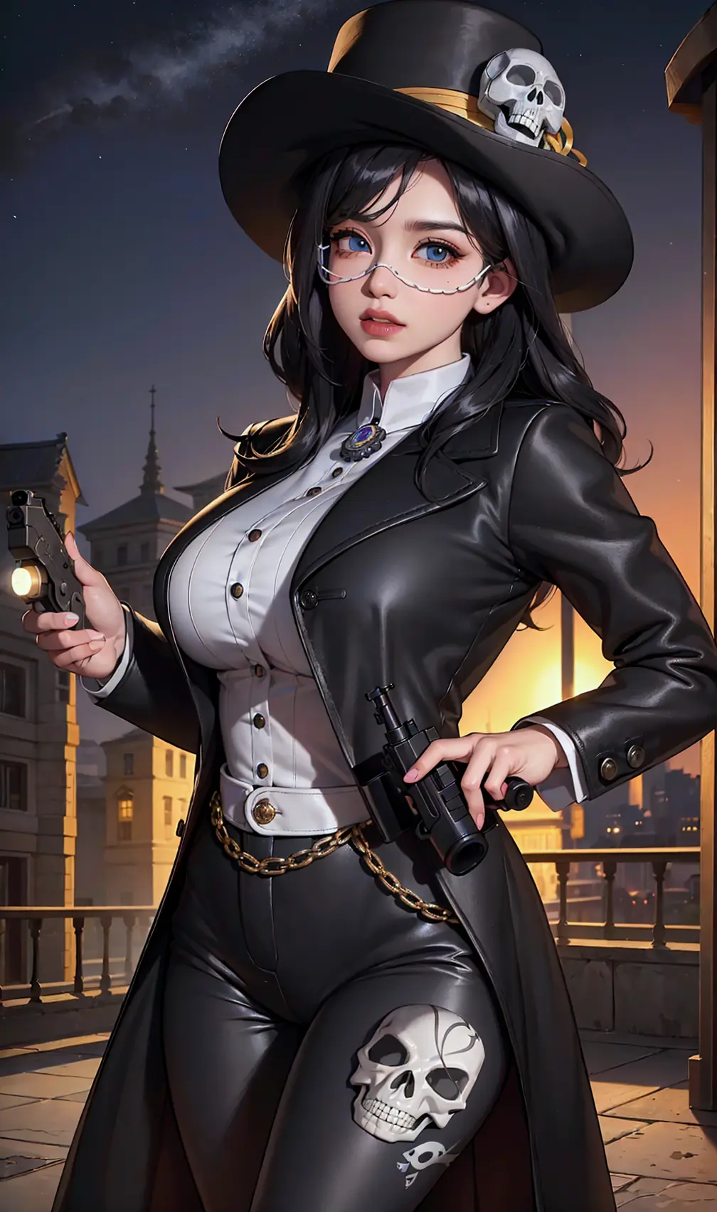 (realistic:1.5), photorealistic, octane render, (4k, 8k), (hyperrealistic:1.2), (photorealistic face:1.2), (Best Quality), extremely detailed, intricate, hyper detailed, (eyes detailed, finger detailed:1.2), western, (midium hair, Curly hair, hair down, dense bangs, two-tone hair), (night, hat, skull pattern, face mask, black longcoat, dress pants, outfits:1.3), (holding a gun, guns-colt revolver or pistol:1.4), (1girl, solo, alone, large breasts, large thighs, 2legs:1.4), (sky blue eye:1.2)