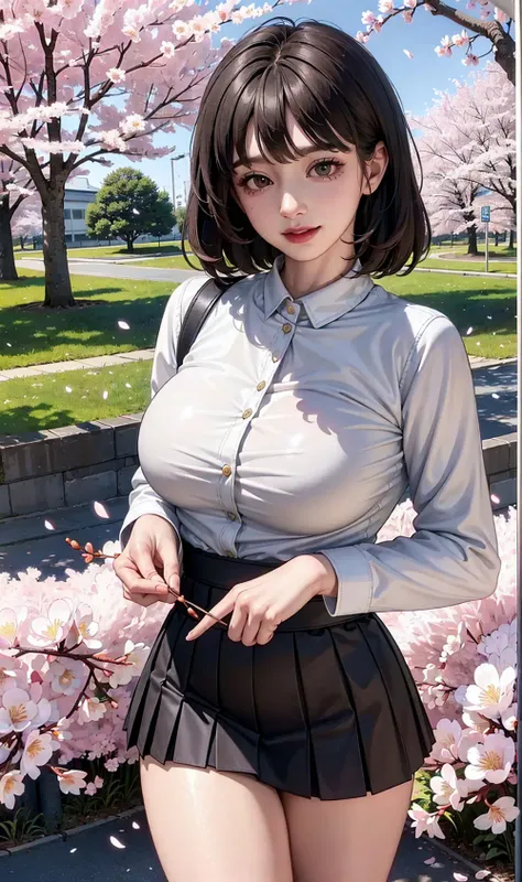 (realistic:1.5), photorealistic, octane render, (4k, 8k), (hyperrealistic:1.2), (photorealistic face:1.2), (Best Quality), extremely detailed, intricate, hyper detailed, (eyes detailed, finger detailed:1.2), looking at viewer, (short hair, curly hair, dense bangs, black hair), (outdoors, cherry blossom trees, korean school uniform:1.3), (1girl, solo, alone, large breasts, large thighs, 2legs, walking:1.4), (brown eyes:1.2), smile
