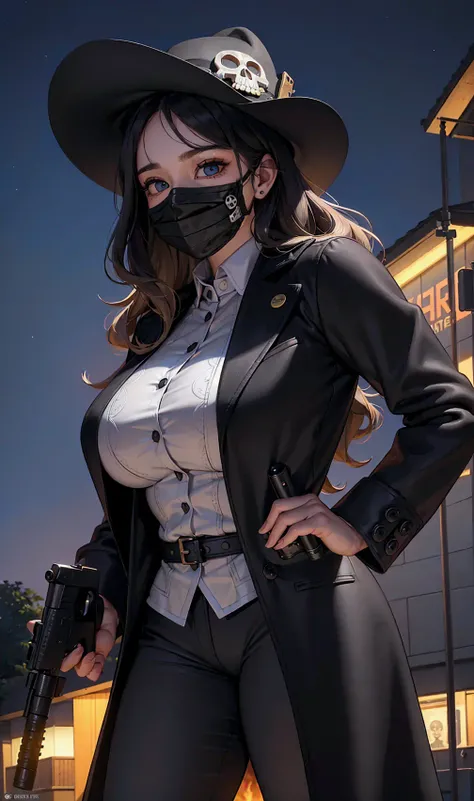 (realistic:1.5), photorealistic, octane render, (4k, 8k), (hyperrealistic:1.2), (photorealistic face:1.2), (Best Quality), extremely detailed, intricate, hyper detailed, (eyes detailed, finger detailed:1.2), western, (midium hair, Curly hair, hair down, dense bangs, two-tone hair), (night, hat, skull pattern, face mask, black longcoat, dress pants, outfits:1.3), (holding a gun, guns-colt revolvel or pistol:1.4), (1girl, solo, alone, large breasts, large thighs, 2legs:1.4), (sky blue eye:1.2)