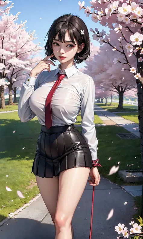 (realistic:1.5), photorealistic, octane render, (4k, 8k), (hyperrealistic:1.2), (photorealistic face:1.2), (Best Quality), extremely detailed, intricate, hyper detailed, (eyes detailed, finger detailed:1.2), looking at viewer, (short hair, curly hair, dense bangs, black hair), (outdoors, cherry blossom trees, korean school uniform:1.3), (1girl, solo, alone, large breasts, large thighs, 2legs, walking, tie up hair:1.4), (brown eyes:1.2), smile