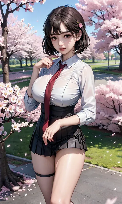 (realistic:1.5), photorealistic, octane render, (4k, 8k), (hyperrealistic:1.2), (photorealistic face:1.2), (Best Quality), extremely detailed, intricate, hyper detailed, (eyes detailed, finger detailed:1.2), looking at viewer, (short hair, curly hair, dense bangs, black hair), (outdoors, cherry blossom trees, korean school uniform:1.3), (1girl, solo, alone, large breasts, large thighs, 2legs, walking, tie up hair:1.4), (brown eyes:1.2), smile