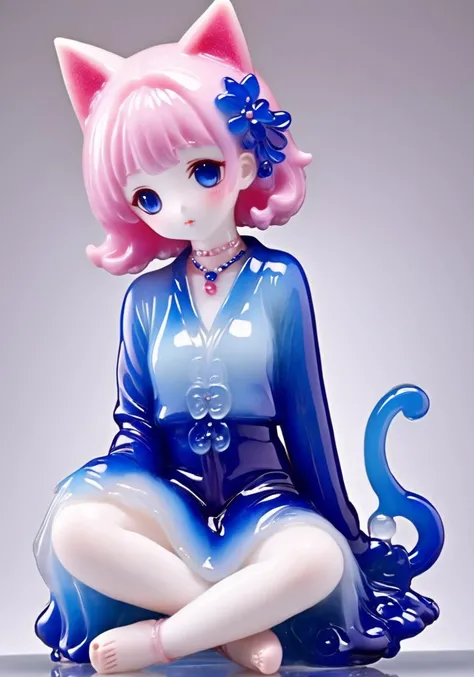 <lora:ççå°å¥³xl1V10:1>,a girl formed of colored glaze,cat_ears,coloured glaze,whole body,sitting,(glass:1.4),blue clothes,pink hair,little_girl,