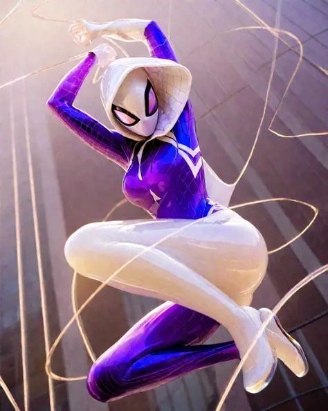 <lora:ççå°å¥³xl1V10:0.75>,Spider Gwen,Gwendolyn Maxine Stacy,a girl formed of colored glaze,coloured glaze,realistic photography,female spider-man,Perched high on a city skyscraper,Spider-Man is illuminated by the twinkling city lights below. His figure is highlighted by the cool,diffuse light of the moon,close up,perfecteyes,jade,glass,translucent,white hooded purple eyes,the white mask,