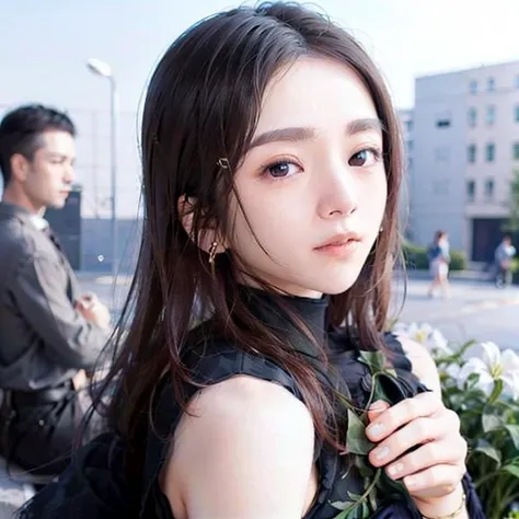 8k, best quality, 1girl, (skindentation), huge breast, morning, (bright), blur background, outdoor, (street:0.6), (people), crowds, braided bangs, blouse, gorgeous, floating hair, (dynamic pose:0.6), soft lighting, charming, wind, garden, sunlight, white light, (closed mouth:1.2, beautiful eyes, detailed eyes, detailed iris, beautiful lips, beautiful nose, beautiful face), milet,  <lora:milet:1>