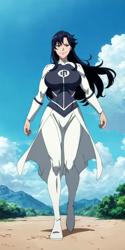 masterpiece, high quality, best quality, 1girl, solo, (muscular female:1.0), (super gigantic breasts:1.0), (closed mouth, half smile), anissa, long hair, black hair, bodysuit, pelvic curtain, boots, anime screencap, anime key visual, (fully clothed:1.0), full body <lora:Anissa:1.0>