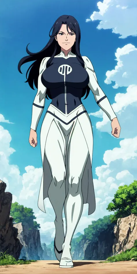masterpiece, high quality, best quality, 1girl, solo, (muscular female:1.0), (super gigantic breasts:1.0), (closed mouth, half smile), anissa, long hair, black hair, bodysuit, pelvic curtain, boots, anime screencap, anime key visual, (fully clothed:1.0), full body <lora:Anissa:1.0>