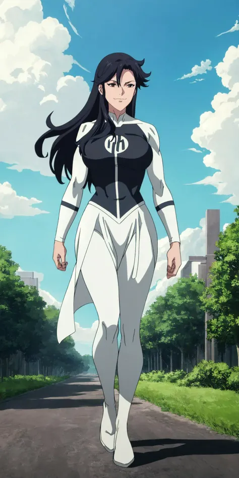 masterpiece, high quality, best quality, 1girl, solo, (muscular female:1.0), (super gigantic breasts:1.0), (closed mouth, half smile), anissa, long hair, black hair, bodysuit, pelvic curtain, boots, anime screencap, anime key visual, (fully clothed:1.0), full body <lora:Anissa:1.0>