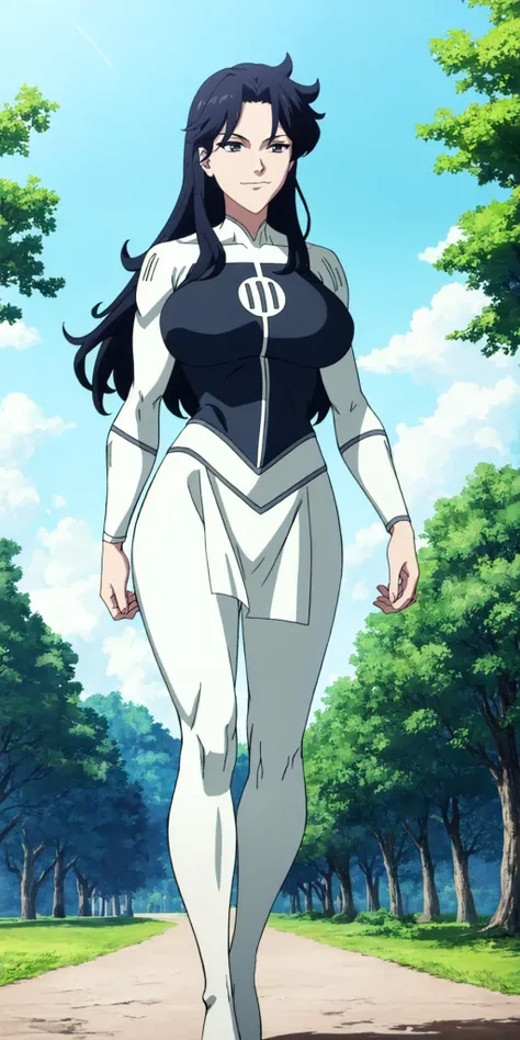 masterpiece, high quality, best quality, 1girl, solo, (muscular female:1.0), (super gigantic breasts:1.0), (closed mouth, half smile), anissa, long hair, black hair, bodysuit, pelvic curtain, boots, anime screencap, anime key visual, (fully clothed:1.0), full body <lora:Anissa:1.0>