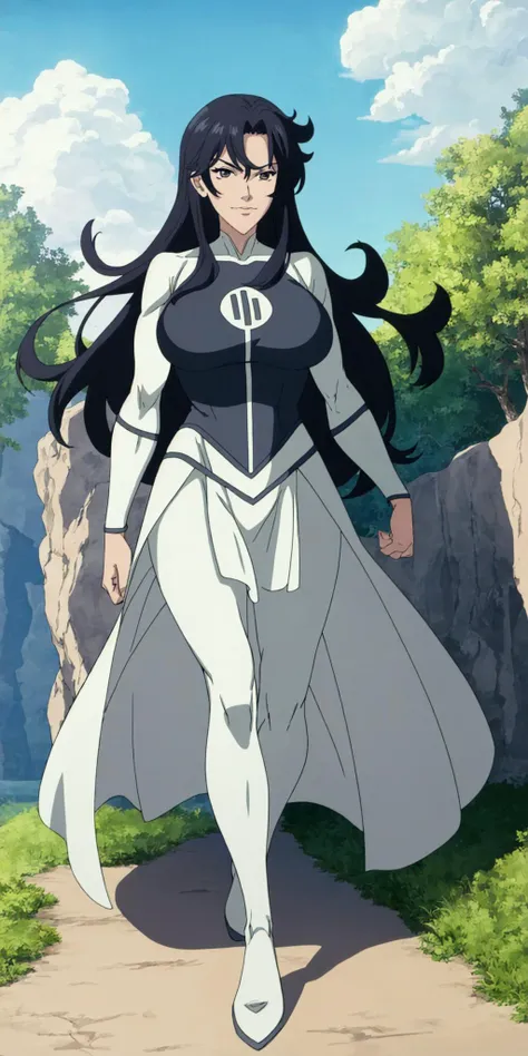 masterpiece, high quality, best quality, 1girl, solo, (muscular female:1.0), (super gigantic breasts:1.0), (closed mouth, half smile), anissa, long hair, black hair, bodysuit, pelvic curtain, boots, anime screencap, anime key visual, (fully clothed:1.0), full body <lora:Anissa:1.0>