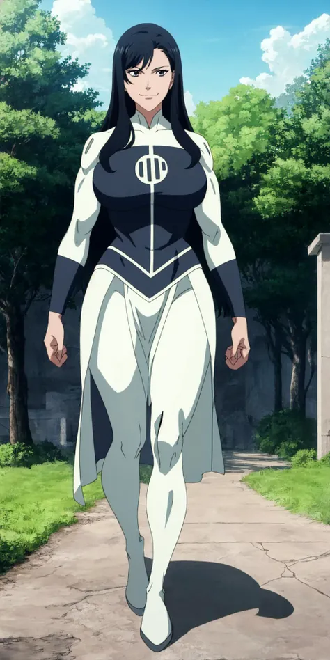 masterpiece, high quality, best quality, 1girl, solo, (muscular female:1.0), (super gigantic breasts:1.0), (closed mouth, half smile), anissa, long hair, black hair, bodysuit, pelvic curtain, boots, anime screencap, anime key visual, (fully clothed:1.0), full body <lora:Anissa:1.0>